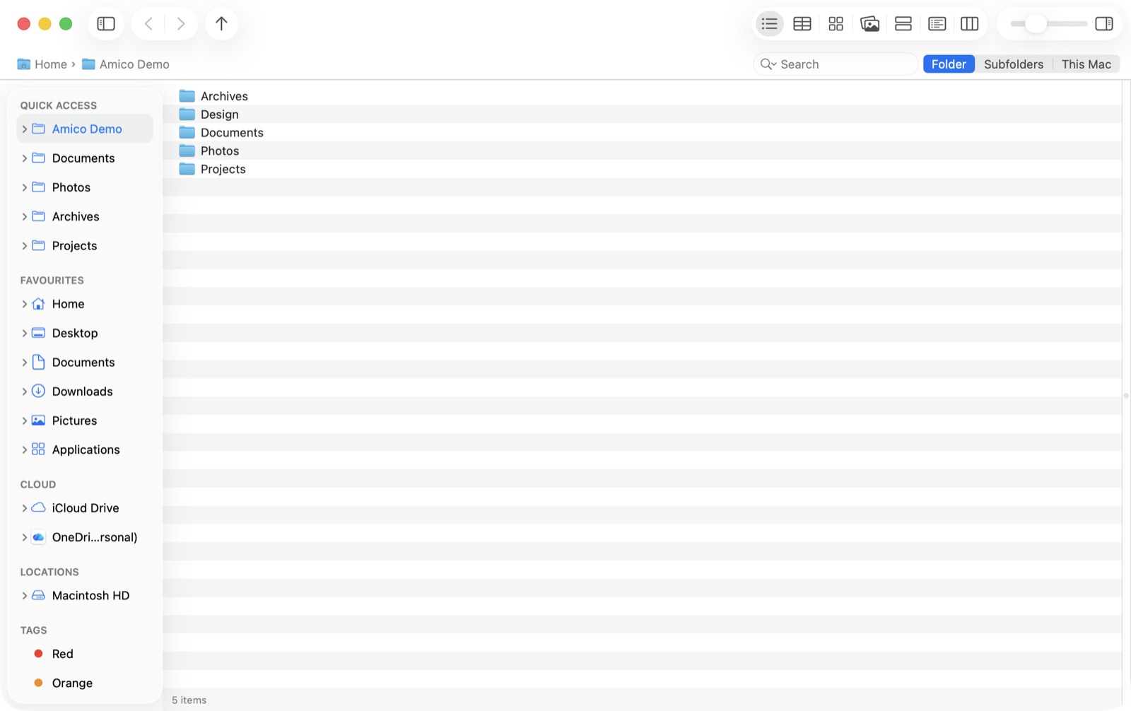 List view of a folder