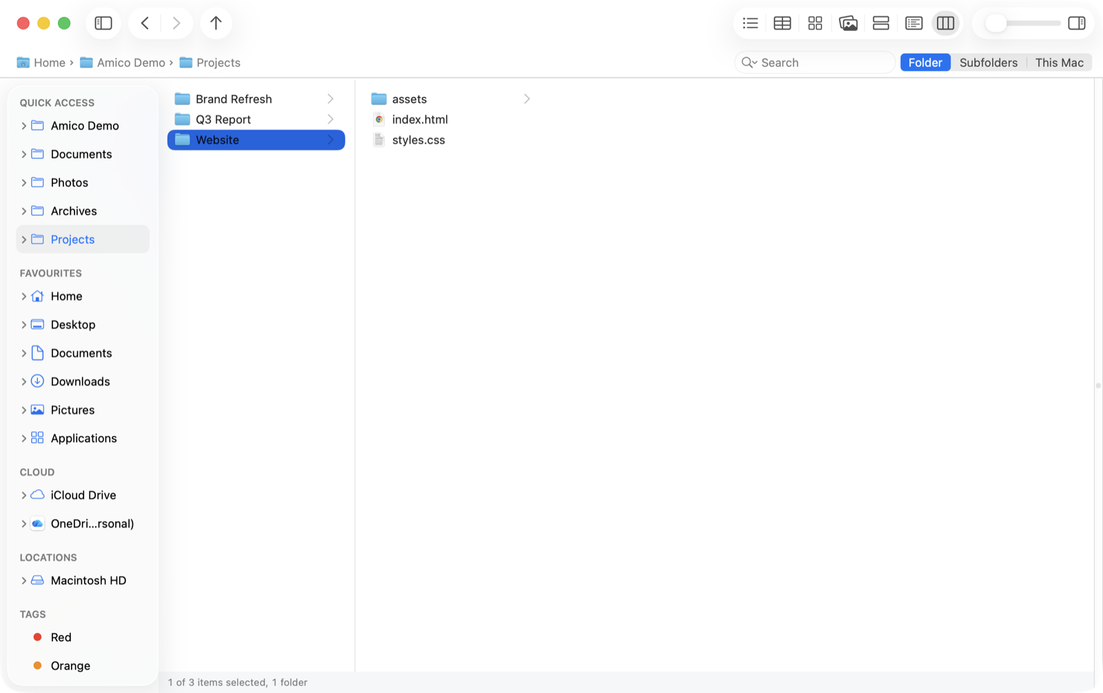 Column view showing a folder beside its parents