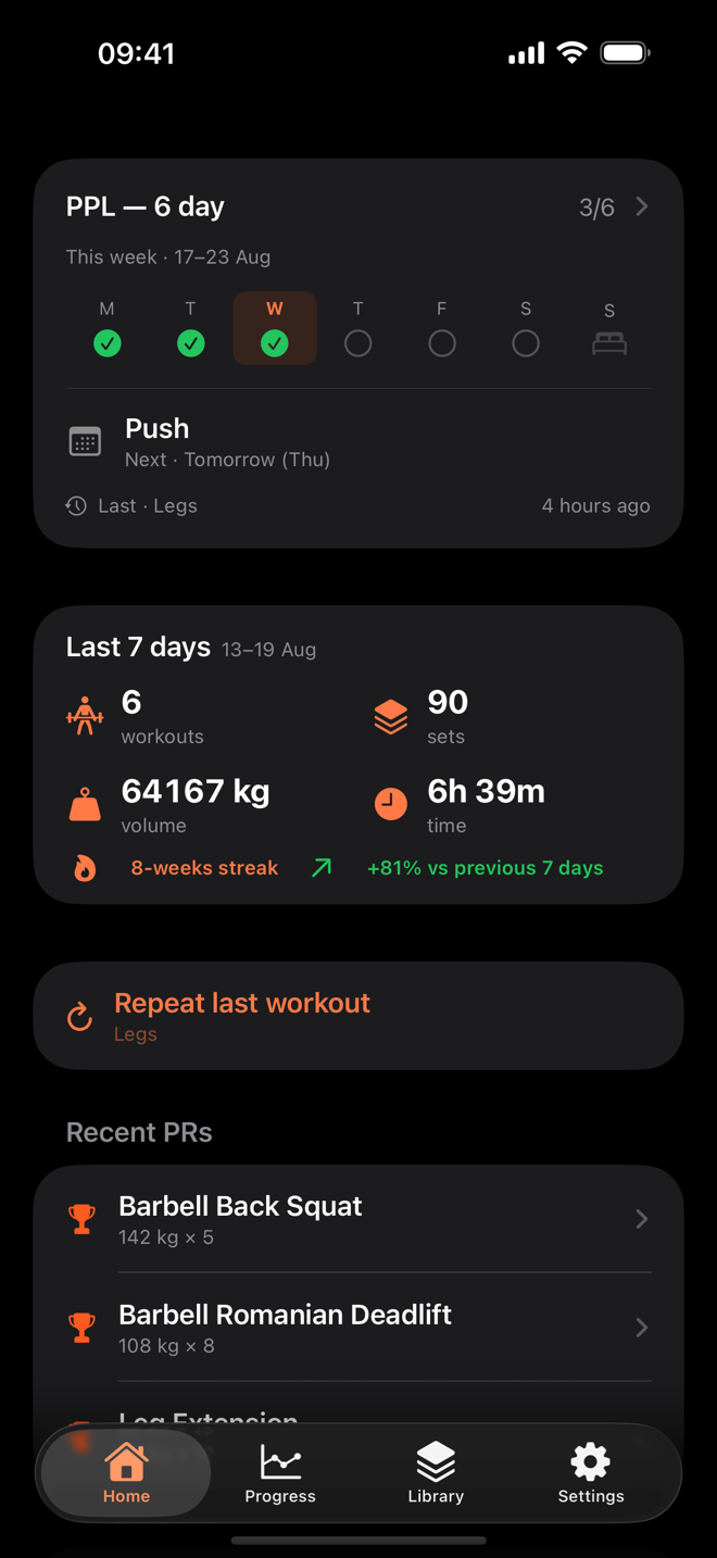 Home dashboard in dark mode
