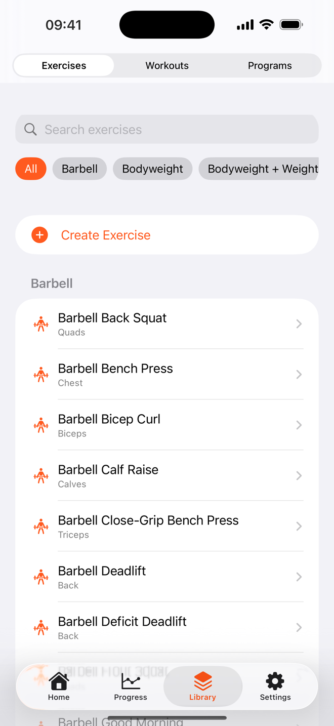 Exercise library grouped by category